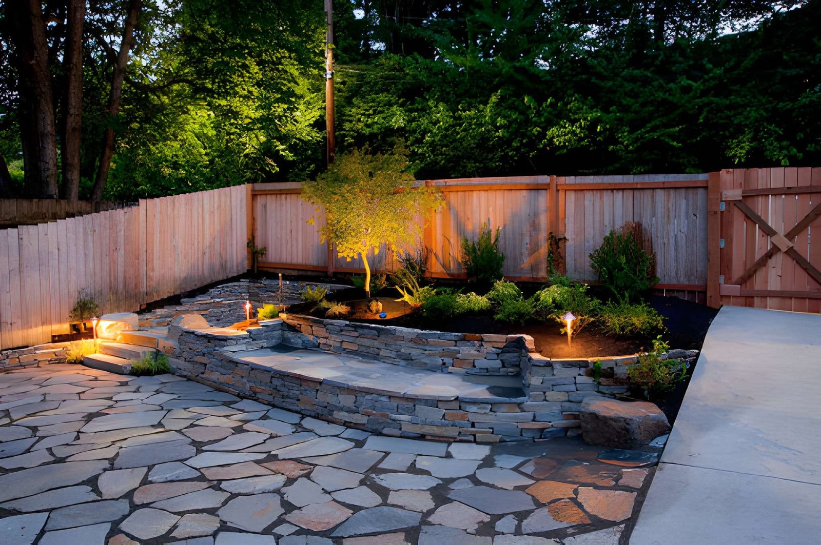 Finished outdoor living space with hardscape details